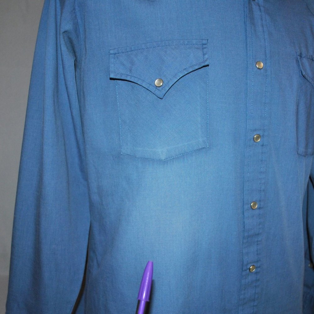 Sheplers Mens Shirt Size 16.5 Faded Blue Long Sleeve Pearl Snap Shirt - Picture 6 of 9